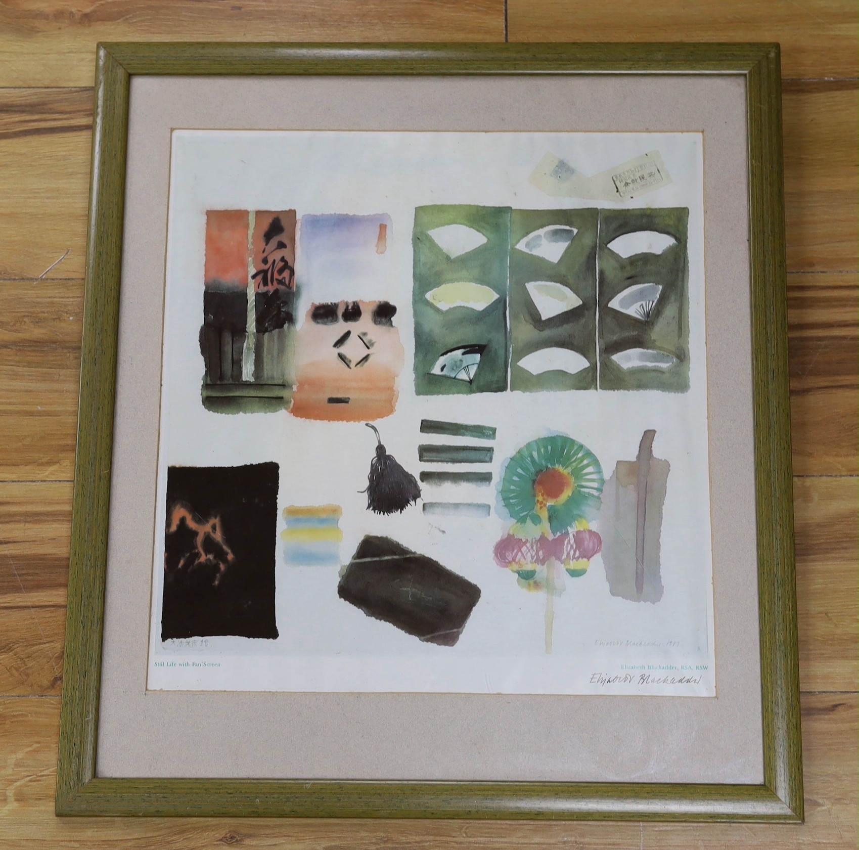 Elizabeth Blackadder (1931-2021), colour print, Still life with fan screen, signed in ink, 42 x 40cm